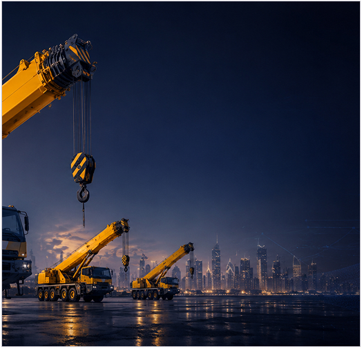 Malstrike Heavy Equipment crane on a Saudi Arabian construction site at dusk